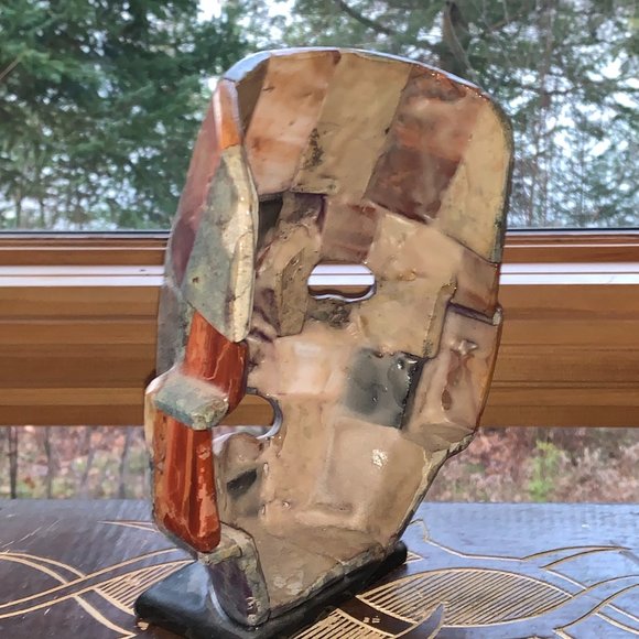 Mexican Glazed Ceramic standing Mask of an INDIGENOUS WARRIOR on stand, 8x6x4 - Picture 2 of 4